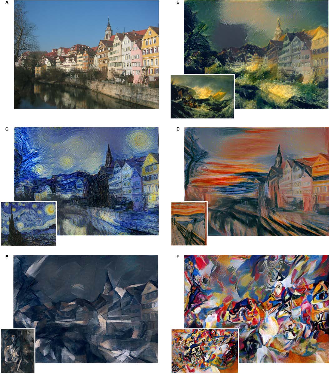 Fig 2. 잘 알려진 작품들의 스타일을 합친 사진. B The Shipwreck of the Minotaur by J.M.W.Turner, 1805. C The Starry Night by Vincent van Gogh, 1889. D Der Schrei by Edvard Munch, 1893. E Femme nue assise by Pablo Picasso, 1910. F Composition VII by Wassily Kandinsky, 1913.