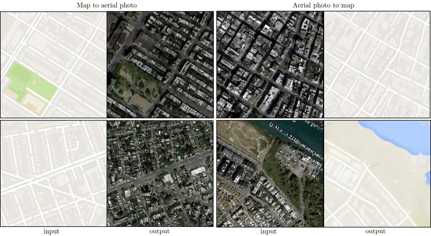 Figure 8: Google Maps에서의  512×512 해상도에서의 결과 예시 (모델은 256×256 해상도의 이미지에서 훈련되었고 테스트 시간에서 더 큰 이미지들을 convolution을 사용하여 실행했다). 선명도를 높이기 위해 대비를 조정했다.