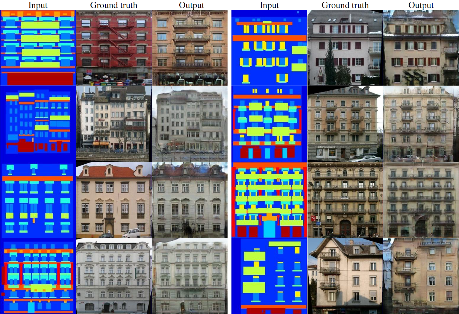 Figure 14: Facades labels→photo에서 실제와 비교한 우리의 방법의 결과 예시.