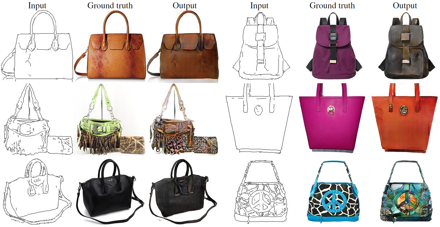 Figure 16: Automatically detected edges→handbags에서 실제와 비교한 우리의 방법의 결과 예시.